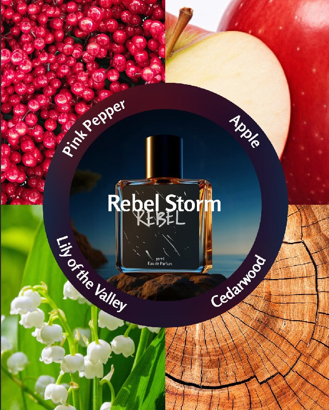 Perfume bottle labeled 'Rebel' surrounded by images of pink pepper, apple, lily of the valley, and cedarwood.