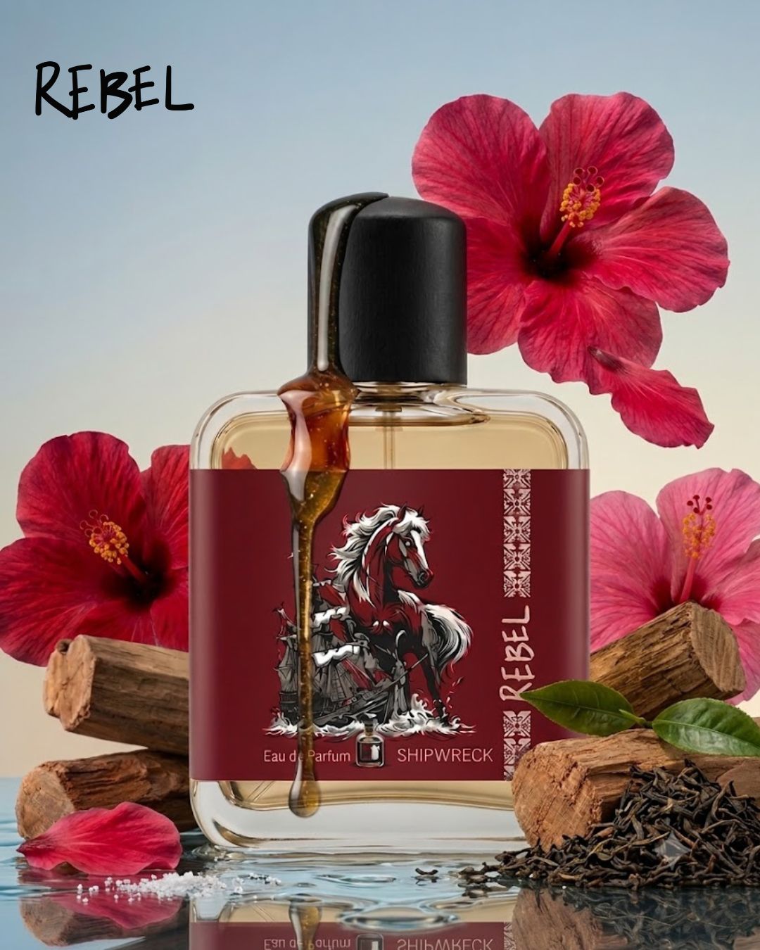 Shipwreck bottle with red label featuring a horse design, surrounded by pink flowers and wood elements.