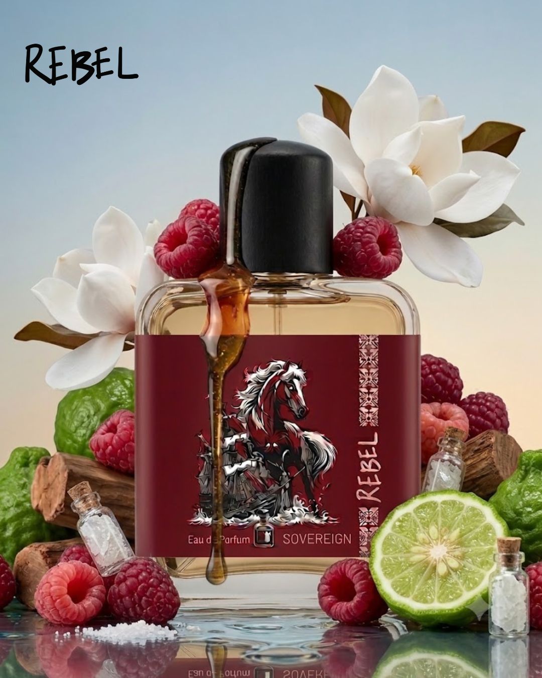 Sovereign bottle with floral and fruit background, featuring the brand 'REBEL'.