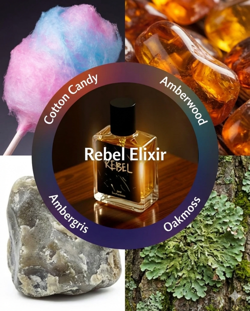 Rebel Elixir perfume bottle surrounded by cotton candy, amberwood, ambrgaris, and oakmoss elements.