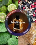 Perfume bottle labeled 'Rebel Enigma' surrounded by images of bergamot, pepper, patchouli, and ambergris.