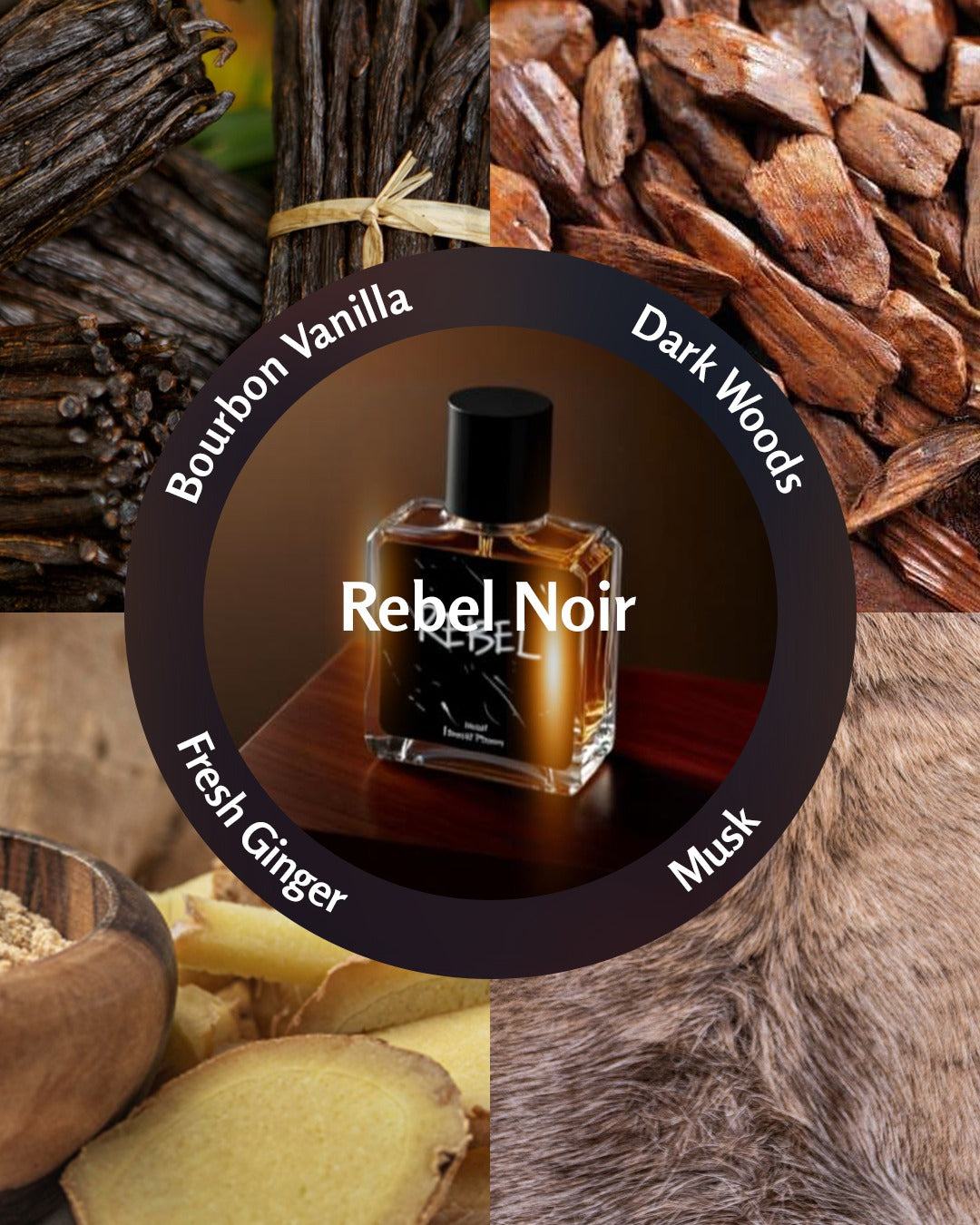 Rebel Noir perfume bottle with ingredients like Bourbon Vanilla, Dark Woods, Fresh Ginger, and Musk on a textured background.