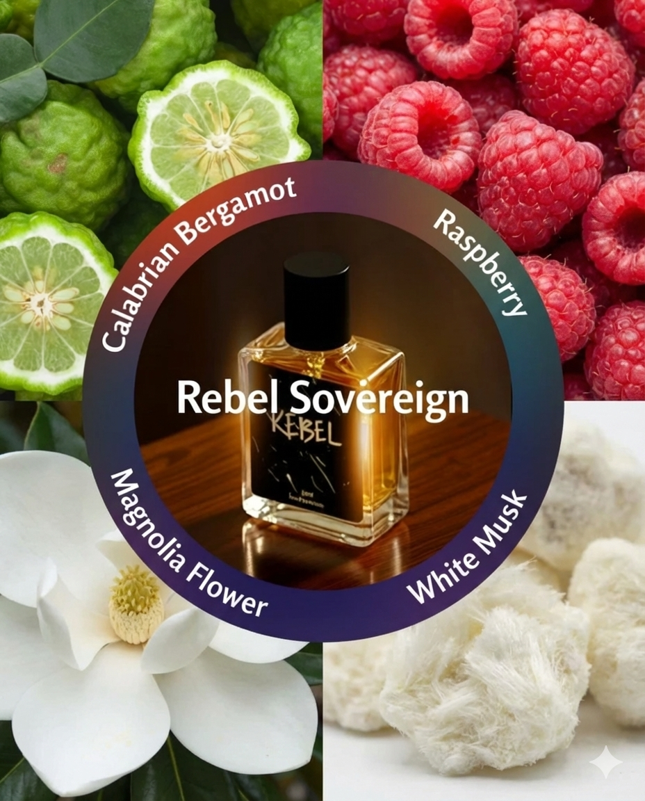 Perfume bottle labeled 'Rebel Sovereign' surrounded by images of Calabrian Bergamot, Raspberry, Magnolia Flower, and White Musk.