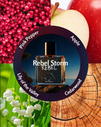 Perfume bottle labeled 'Rebel' surrounded by images of pink pepper, apple, lily of the valley, and cedarwood.